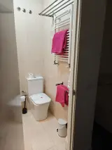 En-suite bathroom with toilet, pink towels on a heated towel rail and beige tiled walls